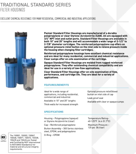 Vista 2 de Pentair Pentek 150067 Carcasa de Filtro Estándar Tradicional, NPT 3/4" Carcasa de Filtro de Agua Opaca 10 con Tapa y Botón de Alivio de Presión, 10