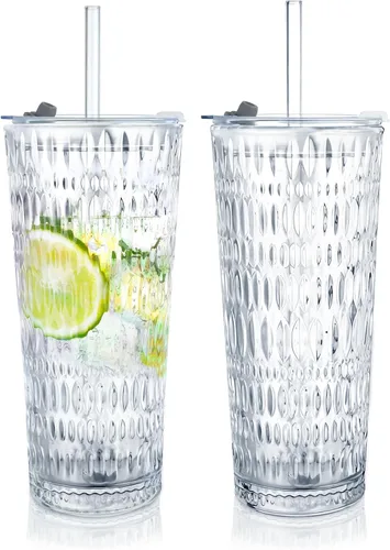 Vista 12 de Puraville Paquete de 2 vasos de vidrio de 18 onzas con tapas y pajitas, cristalería gruesa con patrón de diamante vintage para whisky, cóctel