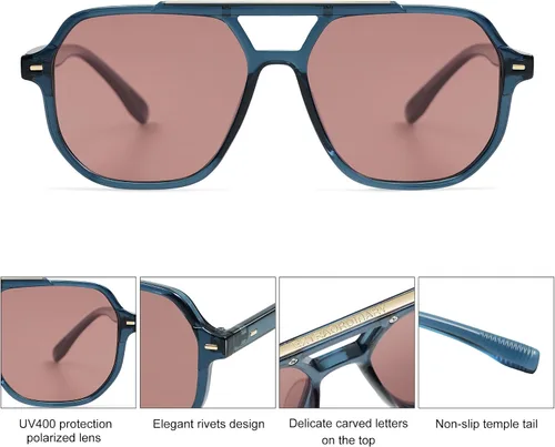 Vista 4 de SOJOS Gafas de sol polarizadas estilo aviador retro de moda para hombres y mujeres, estilo vintage de los años 70, marco cuadrado elegante SJ2283