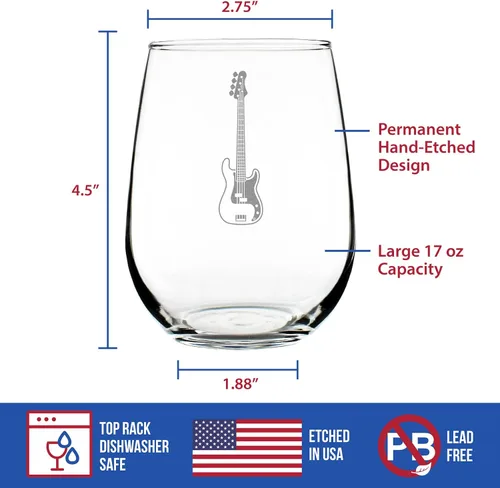 Vista 4 de Custom Electric Bass Personalized Stemless Wine Glass - Music Gifts for Bass Players, Teachers and Musicians that Play Bass Guitar - Large 17 Oz