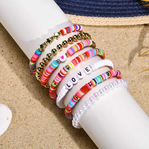 Vista 6 de Pulsera elástica de cuentas Surfer para mujer, juego de cuentas coloridas ajustables, pulseras Y2K con dije de corazón y estrella, para verano