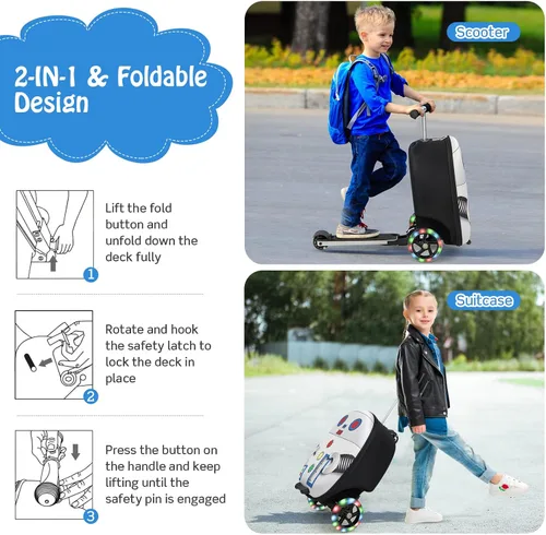 Vista 6 de Costzon Patineta plegable para niños, 2 en 1 con ruedas iluminadas, sistema de frenos, maleta de mano para viajes, escuela, al aire libre