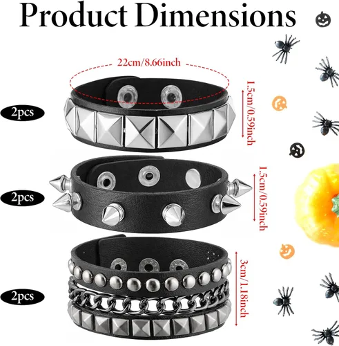Vista 2 de TIESOME 6 pulseras punk, de cuero con clavos y tachuelas para mujeres y hombres, juego de pulseras de cadena vintage de los años 80, accesorios