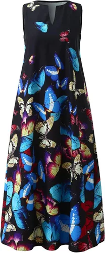 Vista 2 de Womens Dresses with Sleeves V-Neck Half Button Floral Printing Snug Hide Belly Flowy Cool Mid Length Dress with Pockets