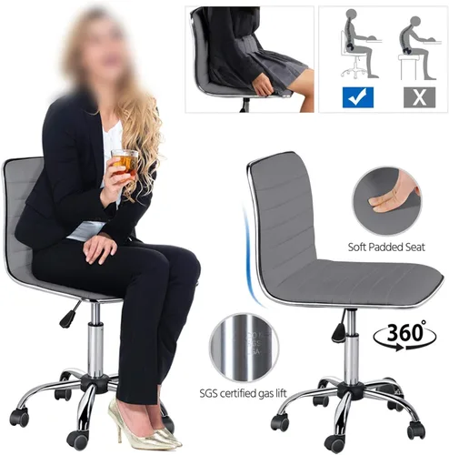 Vista 7 de Yaheetech Silla de oficina moderna de piel sintética sin brazos, 2 piezas, ajustable, con respaldo bajo, giratoria, ruedas rodantes, color gris