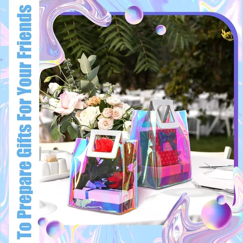 Vista 6 de CHENGU 10 bolsas iridiscentes, holográficas, transparentes, reutilizables, para cumpleaños, PVC, 7 x 8 x 4 pulgadas, bolsas con asa de compras, a