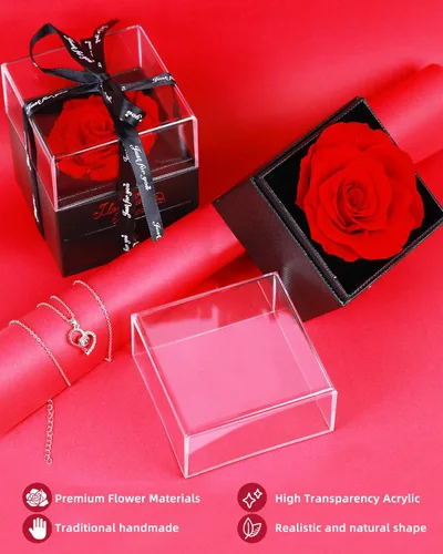 Vista 2 de Rosa preservada con collar – Caja de flores eternas para siempre – Rosa real infinita regalos para mujeres: mamá, madre, esposa, novia y ella