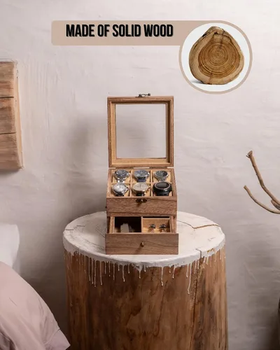 Vista 6 de Caja de reloj, caja de reloj para hombres y mujeres con tapa de vidrio grande, caja de almacenamiento de madera con 2 capas y 6 ranuras, organizador