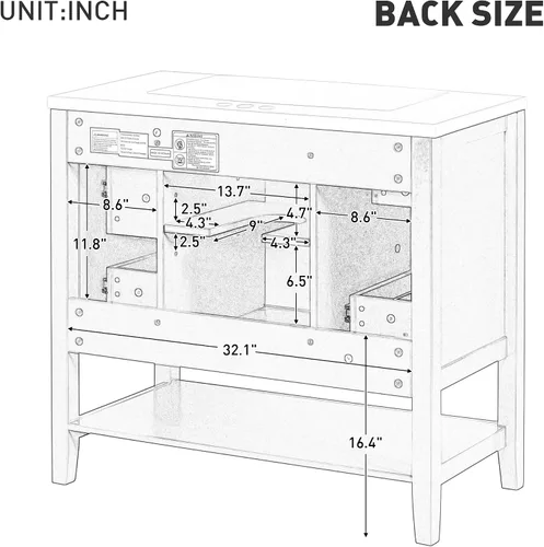 Vista 8 de Merax Mueble de baño de 35.5 pulgadas sin fregadero, solo base de gabinete, armario de baño con puerta individual y 3 cajones, color negro