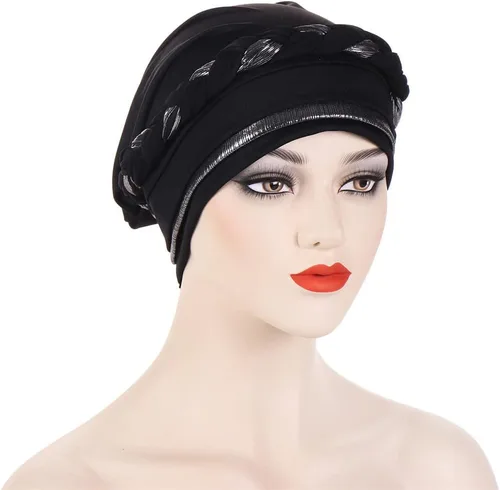 Vista 3 de Turbante para mujer Pañuelo de cabeza trenzado brillante sedoso trenzado para quimioterapia para la cabeza de cáncer
