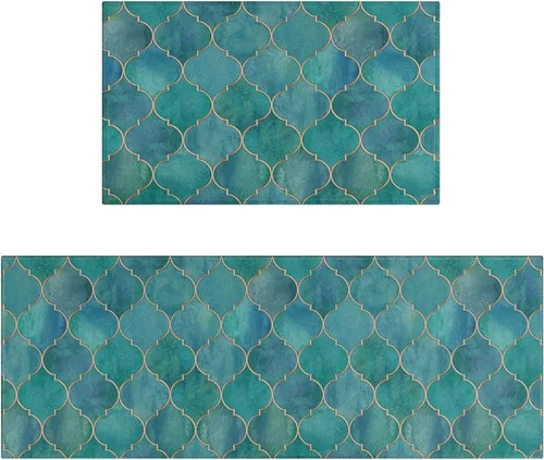 Vista 19 de Juego de 2 tapetes de cocina estilo bohemio para cocina, diseño azteca occidental, color negro, antideslizantes, lavables, para el suelo, 2 piezas