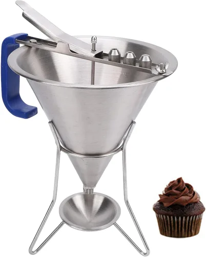 Vista 6 de Embudo de confitería de acero inoxidable con soporte, dispensador de masa de pasteles, herramienta de horneado para panqueques, cupcakes, bolas