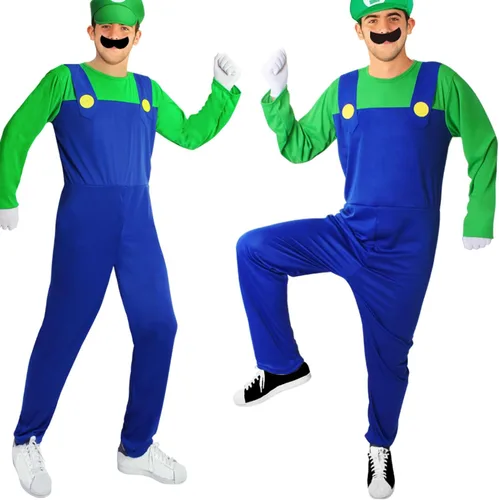 Vista 5 de Oskiner Plumber Costume for Adults Men-Halloween Cosplay Jumpsuit with Accessory