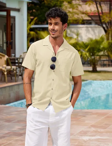 Vista 3 de COOFANDY - Camisas hawaianas de algodón y lino, florales, tropicales, con botones para hombre, A- Caqui claro, S