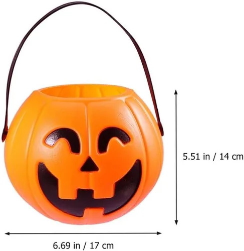 Vista 7 de Cubo de calabaza naranja de 6.7 pulgadas de plástico para dulces con asa para niños truco o trato fiesta de Halloween