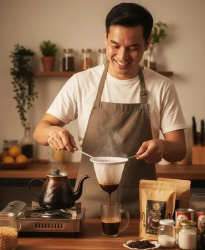 Vista 5 de Colador de té y café tailandés de 6 pulgadas Filtro de algodón reutilizable con asa Auténtico paño de estilo tailandés para bebidas