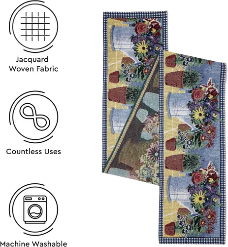 Vista 4 de Encasa XO Camino de mesa jacquard bohemio, diseño de maceta, estilo vintage, tamaño 13 x 59 pulgadas, tapiz bohemio tejido para comedor de 4 plazas