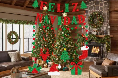 Vista 4 de Cartel de Feliz Navidad – Cartel de Navidad mexicana española, decoraciones de purpurina roja y verde para el hogar, mantel de fiesta (premontado)