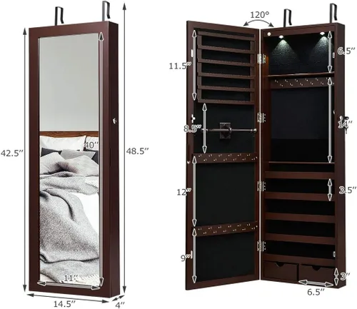 Vista 7 de Giantex Organizador de joyas montado en la paredpuerta con 2 luces LED, armario de joyería de altura ajustable con cerradura con espejo de longitud