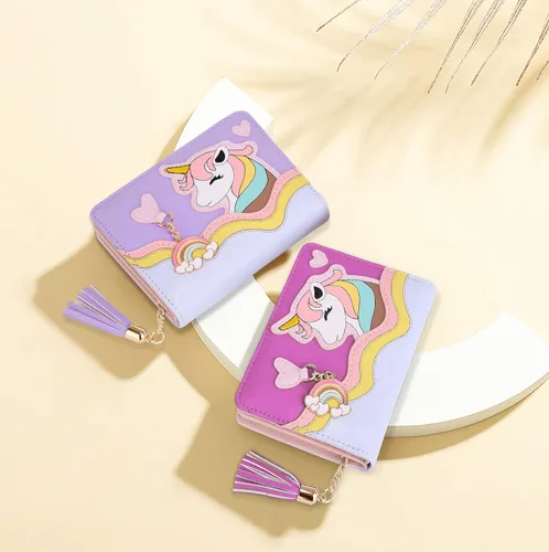 Vista 8 de UTO Cartera para niñas de cuero vegano pequeño borla colgante titular de la tarjeta Kawaii monedero 1166, 1166 Púrpura