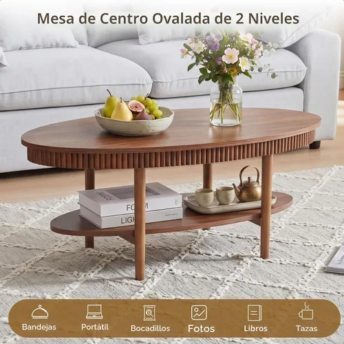 Vista 5 de Janmer Home Mesa auxiliar ovalada con estante de almacenamiento de 2 niveles, mesas de café modernas de 40 pulgadas, mesa central pequeña de madera