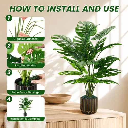 Vista 4 de Der Rose Plantas falsas de 28 pulgadas, planta Monstera en maceta de oro