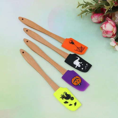 Vista 9 de Hemoton 4 piezas de espátula de silicona con mango de madera de Halloween, utensilios de cocina para hornear para panadería casera