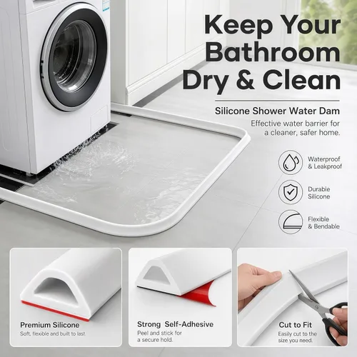 Vista 8 de Protector de agua de ducha, 67 pulgadas de silicona para umbral de ducha, barrera flexible autoadhesiva para ducha