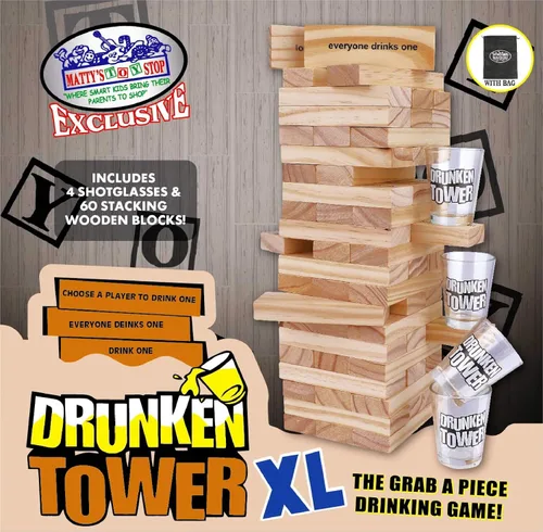 Vista 2 de Juego de 60 piezas de torre borracha de madera XL con vasos de chupito y bolsa de almacenamiento de Mystery Stop de juguete