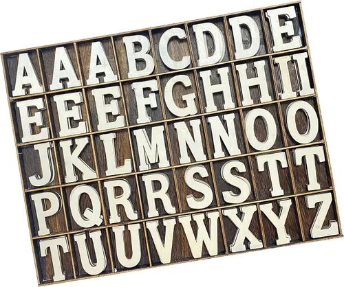 Vista 5 de 205 letras de madera de 2 pulgadas para manualidades, organizadas con letras extra comunes