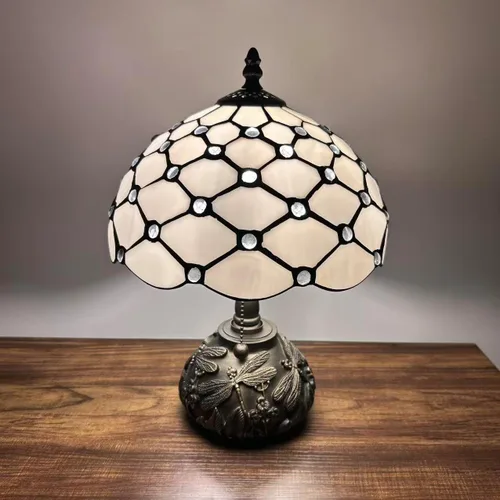 Vista 6 de Tiffany Lámpara de mesa blanca con vitral, bombilla LED incluida, base de libélula para sala de estar, dormitorio, mesita de noche, oficina, hotel