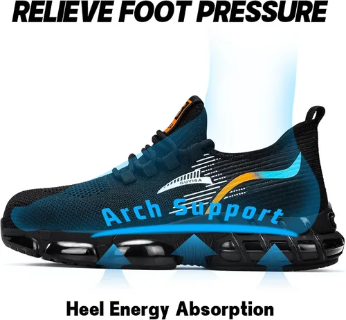 Vista 5 de BAIYIJIA Zapatos de punta de acero para hombre, zapatos de trabajo antideslizantes para construcción con amortiguación de aire, zapatos