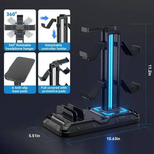 Vista 6 de KDD Headset Stand with Charging Station - Detachable Controller Holder with 9 Light Modes - Rotatable Headphone Hanger with USB A&C Charger Ports