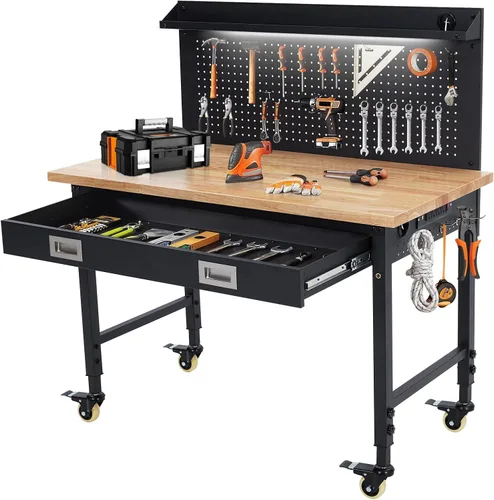 Vista 8 de TrailBlaze Banco de trabajo de 48 x 24 pulgadas para garaje, estación de trabajo resistente con 4 ruedas con bloqueo, mesa de taller de madera