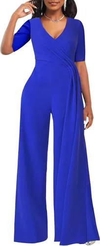 Vista 2 de Xinlees Overol elegante con cuello en V para mujer, pantalones rectos casuales, overol formal
