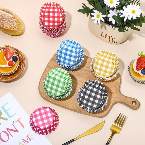 Vista 4 de Whaline 600 forros para cupcakes a cuadros de búfalo, coloridos envoltorios de cupcakes a cuadros para hornear muffins para baby shower, boda