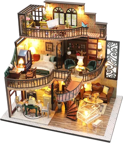 Vista 11 de Kit de casa de muñecas en miniatura Spilay para bricolaje, kit de casa de muñecas con muebles de madera, cubierta a prueba de polvo, caja de música