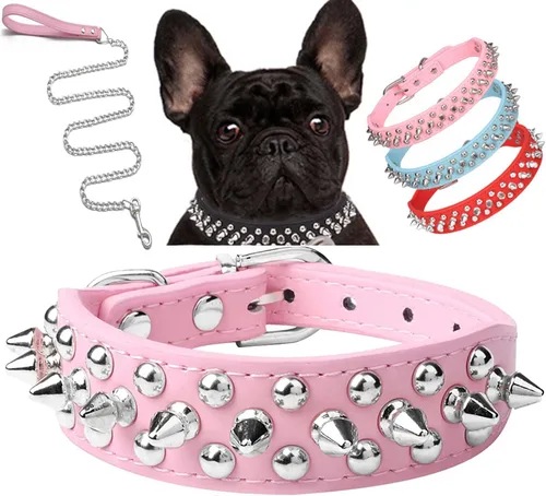 Vista 15 de Serijoars Collar para perro con tachuelas, de piel sintética suave con clavos de hongos, ajustable, para cachorros (XS, Negro)