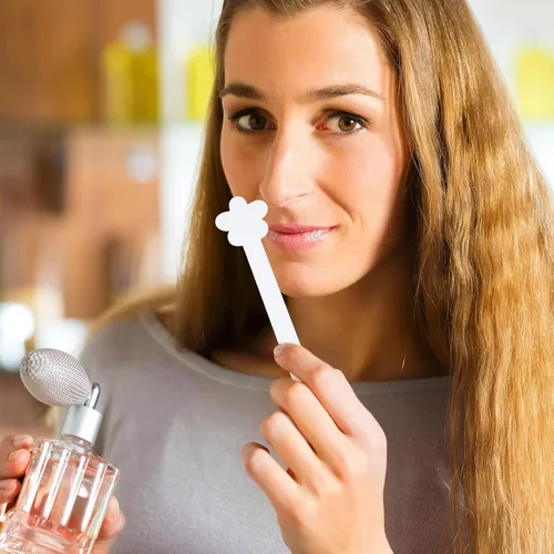 Vista 7 de 100 tiras de prueba de perfume de papel en forma de flor desechables blancas para fragancias, aromas, aceites esenciales, pruebas de aromaterapia