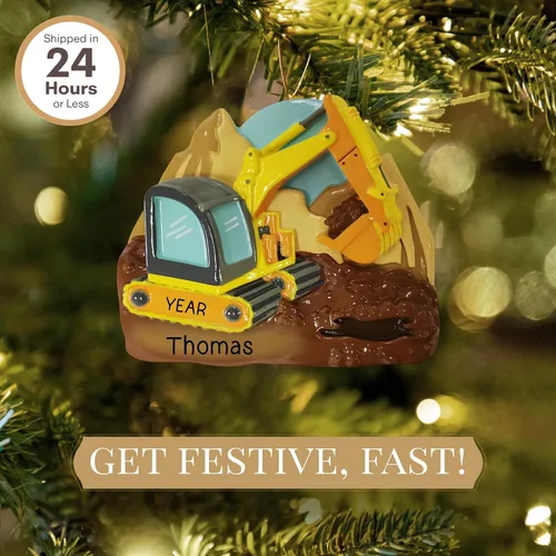 Vista 2 de Adorno personalizado de excavadora 2026 Adornos de Navidad personalizados con láser grabados con láser para árbol Regalo de recuerdo de vehículo