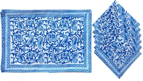 Vista 16 de Juego de 6 manteles individuales 100 % algodón estilo indio para mesa de comedor y servilletas (azul 1)