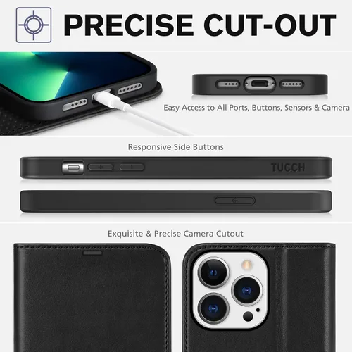 Vista 8 de TUCCH Funda tipo billetera para iPhone 13 Pro Max, con bloqueo RFID, con 4 ranuras para tarjetas, con soporte, a prueba de golpes, con carcasa