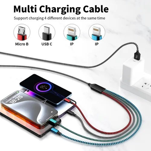 Vista 2 de Cable de Carga Múltiple, Cables de Carga 4 en 1 para Múltiples Dispositivos de Nylon Trenzado Cargador Universal Cable Cargador de Teléfono con 2