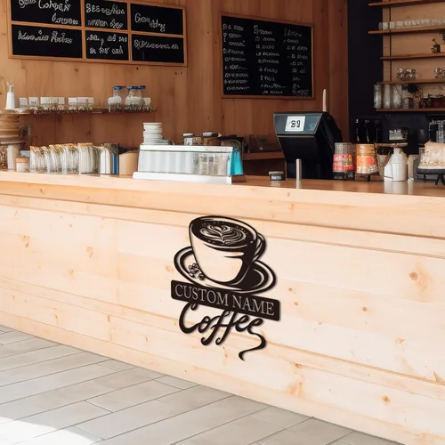 Vista 3 de Arte de pared de metal personalizado de café, letrero de café personalizado, letrero de nombre personalizado para amantes del café, regalo de arte