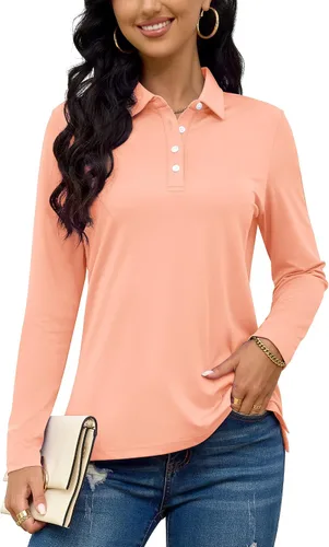 Vista 3 de TACVASEN Polo de golf para mujer, camiseta de manga larga, UPF 50+, secado rápido, 4 botones, rendimiento de tenis, ejercicio