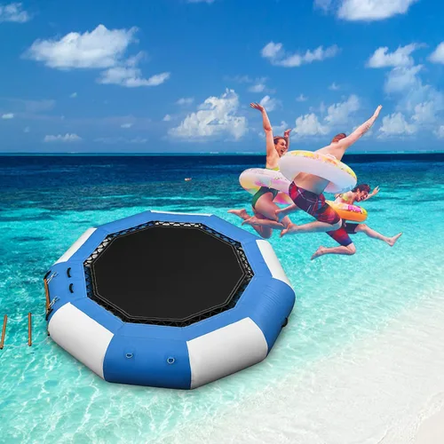 Vista 9 de Happybuy Trampolín inflable del agua, gorila inflable redonda del agua con la escalera mecánica, trampolín del agua en azul y blanco
