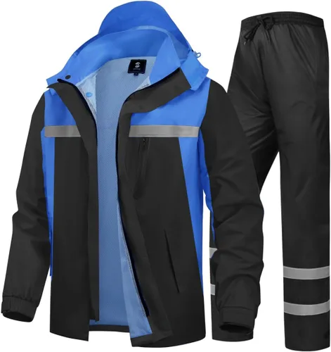 Vista 9 de Traje de lluvia para hombre, de alta visibilidad, reflectante, para trabajo, chaqueta de lluvia, pantalones para todos los deportes, granja, pesca