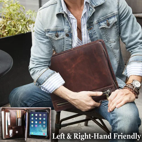 Vista 6 de Portafolio - Portafolio de cuero genuino - Organizador de cuaderno de negocios con cremallera y asa para currículum y trabajo - Padfolio