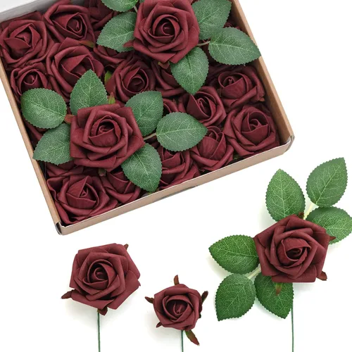 Vista 9 de Ling's moment Paquete de 25 capullos de rosas artificiales y rosas pequeñas con tallo, para ramos de boda, centros de mesa, decoración de ramilletes
