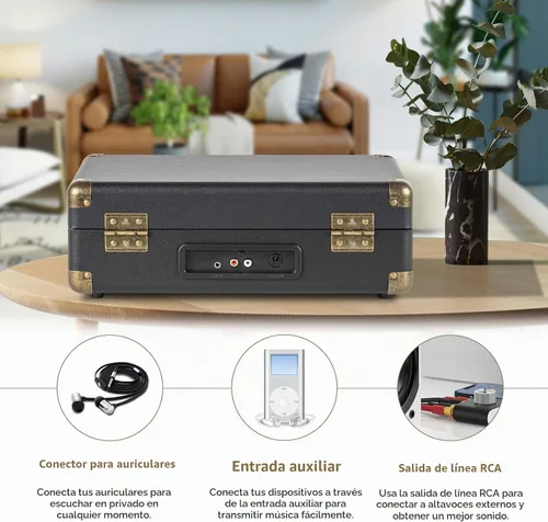 Vista 6 de Tocadiscos de vinilo portátil de 3 velocidades con Bluetooth con batería recargable, diseño retro de maleta, salida de línea Aux in/RCA y puertos